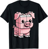 BlockPals DM Funny Pink Brick Pig Building Blocks Farm Animal Character T-Shirt - Black
