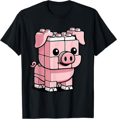 Funny Pink Brick Pig Building Blocks Farm Animal Character T-Shirt