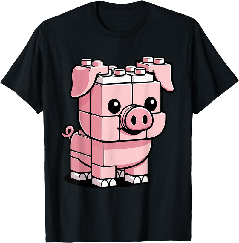 BlockPals DM Funny Pink Brick Pig Building Blocks Farm Animal Character T-Shirt - Black