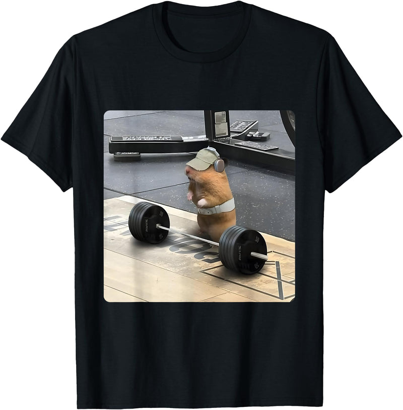 Hamster Deadlift Training Funny Cute Rat Weightlifting Meme T-Shirt - Black