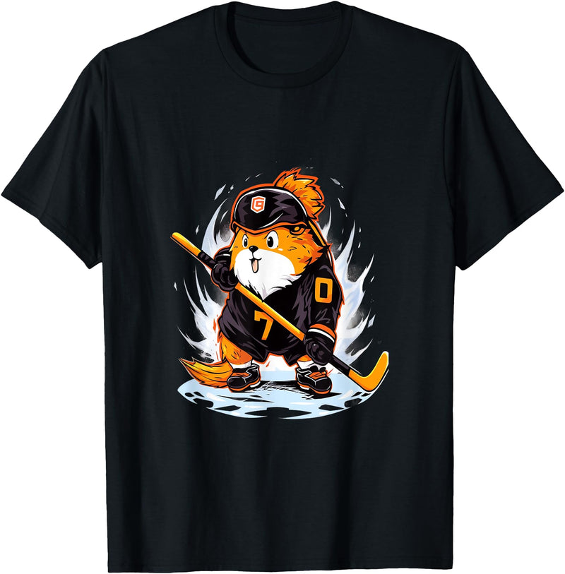 Ice Hockey Winter Sports Guinea Pig Ice Hockey Player Hockey Stick Goalie T-Shirt - Black