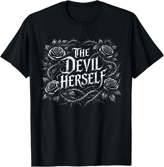 Dark Feminine Occult Retro Halloween Design The Devil Herself Retro Occult Women Dark Feminine T-Shirt - Black