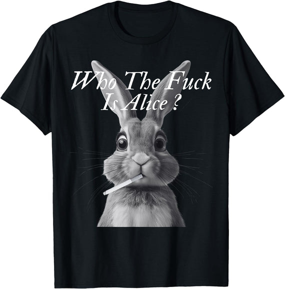 Retro Who the F_ck Is Alice Funny Rabbit T-Shirt in Black