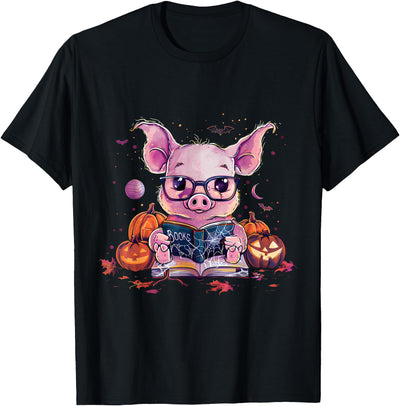 Funny Halloween Costume Party Art Pig Halloween Costume Pumpkin Witchcraft Book Reading T-Shirt