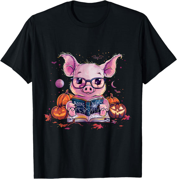 Funny Halloween Costume Party Art Pig Halloween Costume Pumpkin Witchcraft Book Reading T-Shirt - Black
