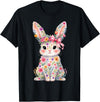 Cute Pink Flower Bunny Rabbit Happy Easter Women Girls T-Shirt in Black