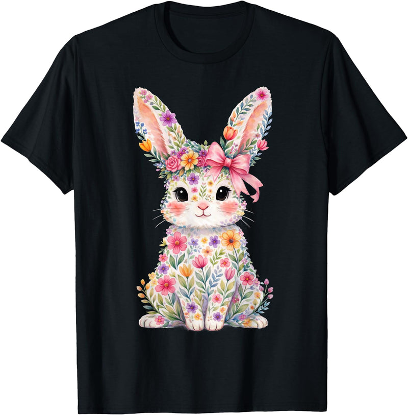Cute Pink Flower Bunny Rabbit Happy Easter Women Girls T-Shirt in Black