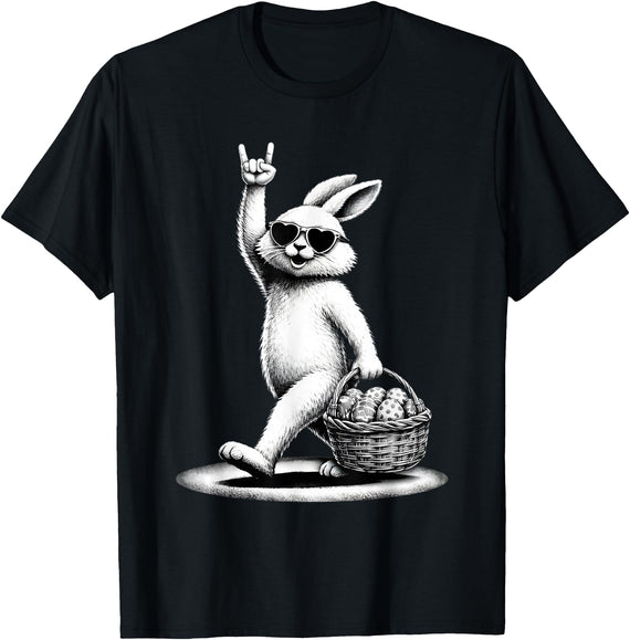 Funny Bunny Rabbit Rock on Men Women Kids Easter Day T-Shirt in Black