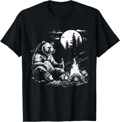Camping Bear Drinking Beer Hiking Nature Funny Grizzly Bear T-Shirt