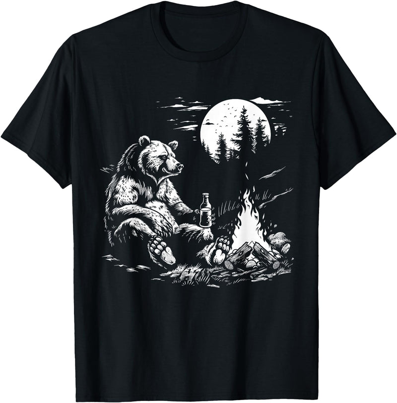 Camping Grizzly Bear Camping Bear Drinking Beer Hiking Nature Funny Grizzly Bear T-Shirt - Black