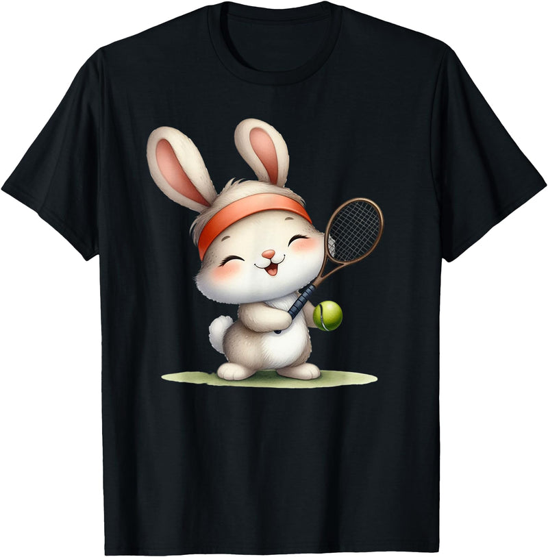 Cute Bunny Rabbit Tennis Player Cartoon Mascot T-Shirt in Black