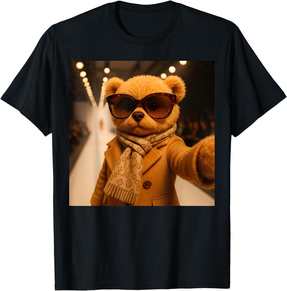 Fashion Show Party Girls Teddy Bear Graphic Design Teddy Bear Fashion Runway Selfie Catwalk Stylish Girls Women T-Shirt - Black