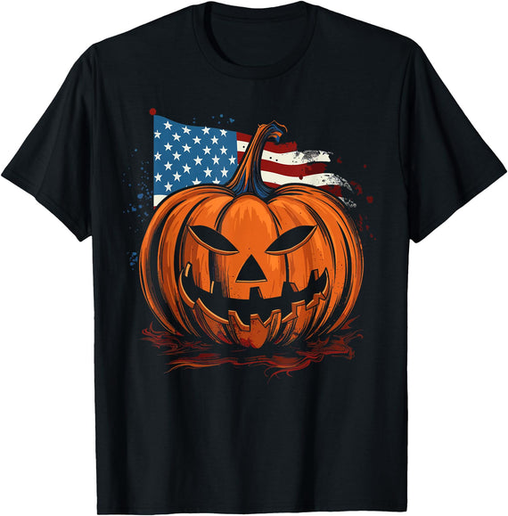 US American Halloween Outfits Patriotic USA Flag Halloween Pumpkin Women, Men T-Shirt - Black