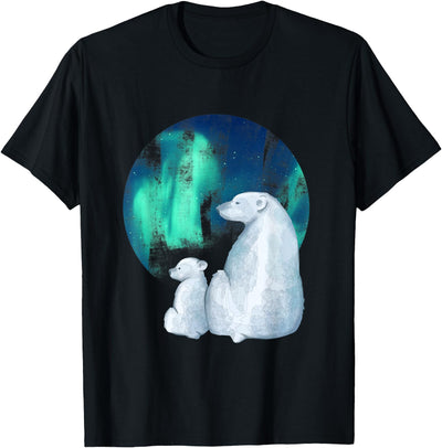 Northern Aurora Borealis Lights Designs Northern Aurora Borealis Lights Cute Polar Mother Bear Cub T-Shirt