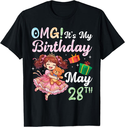 OMG It's My Birthday Born On May 28th Girl with Present Bear T-Shirt