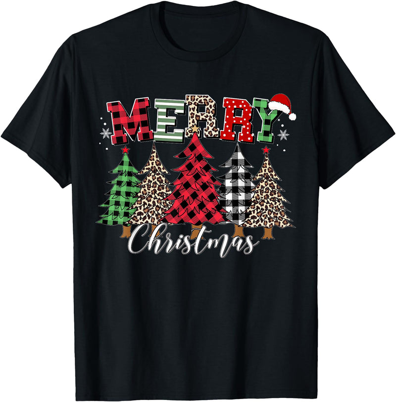 Merry Christmas Leopard Buffalo Red Plaid for Men Women T-Shirt - Black