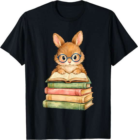 Reading Bunny Rabbit Glasses Book Bookworm Teacher Women T-Shirt in Black