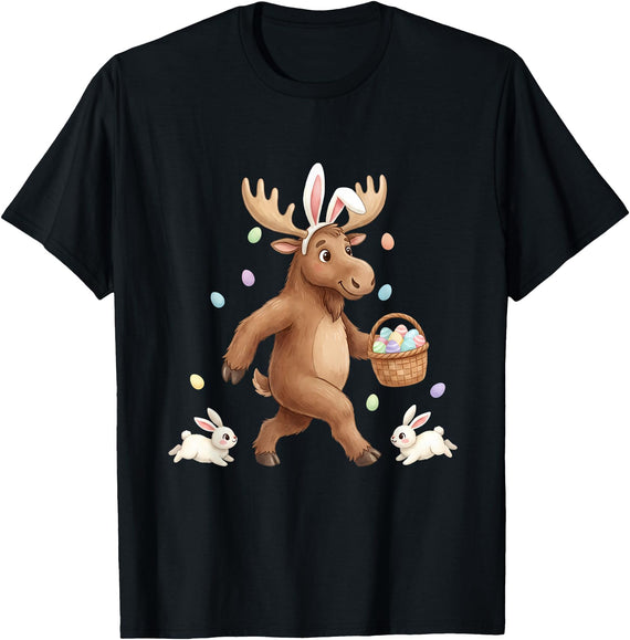 Cute Easter Bunny Rabbit with Eggs Whimsical Moose Design T-Shirt in Black