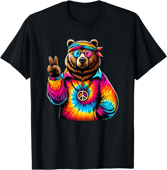 Grizzly Bear Hippie Costumes Peace Sign Tie Dye Grizzly Bear T-Shirt - Black