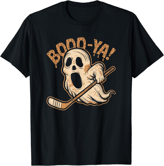 C.J.'s Funny Booyah Ghost Halloween Stuff Boooya, Spooky Ghost Halloween Ice Hockey T-Shirt - Black