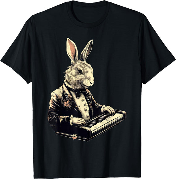 Cute Rabbit Bunny Playing Piano Rabbits Musician Music T-Shirt in Black