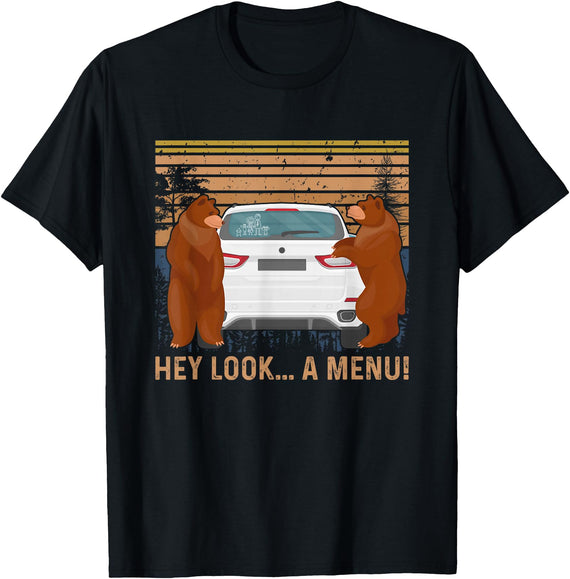 Hey Look A Menu Funny Camping Camper Vintage Bear T-Shirt - Black