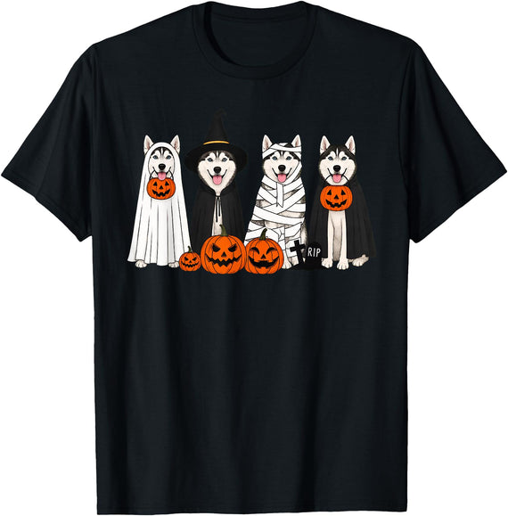 Halloween Husky Dog Spooky Costume Tees Co. Halloween Husky Dog Spooky Costume Pumpkin Design T-Shirt - Black