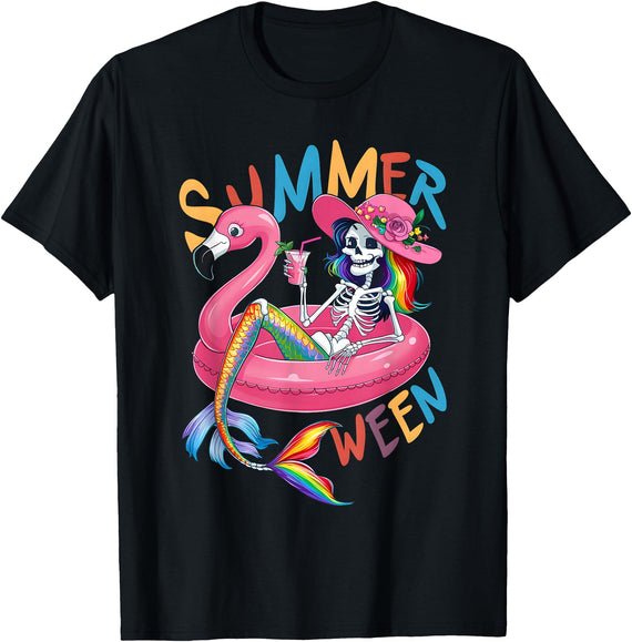 Summer Halloween Summerween Summerween Mermaid Skeleton Flamingo Summer Halloween Women T-Shirt - Black