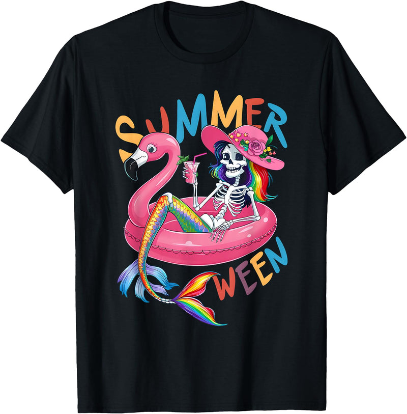 Summer Halloween Summerween Summerween Mermaid Skeleton Flamingo Summer Halloween Women T-Shirt - Black
