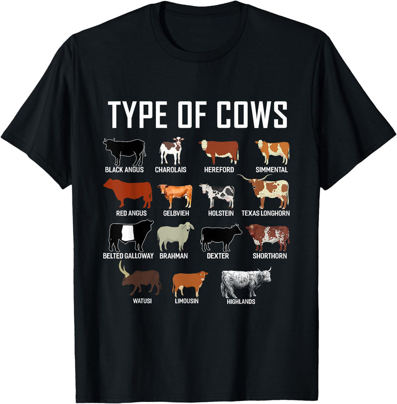 COW Designs By ShirtZilla Types of Cows Shirt Farmer Tee Shirt Costume Cow T-Shirt - Black