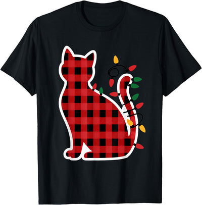 Red and Black Buffalo Plaid Cat Christmas Lights T-Shirt