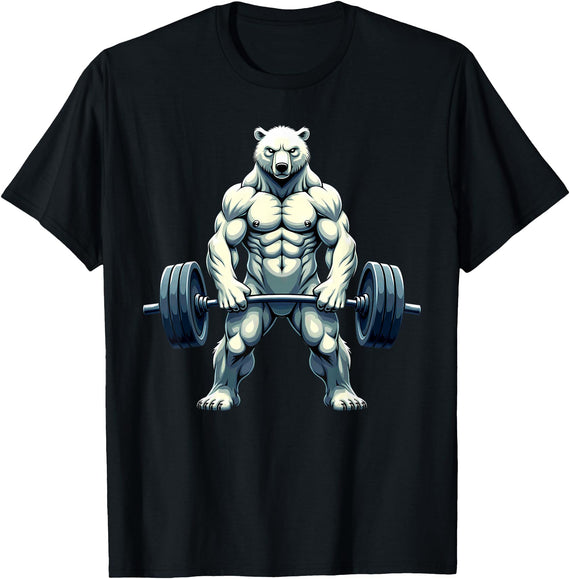 Fitness Polar Bear Gymer Bodybuilder Workout Gym Polar Bear Deadlift Weightlifting T-Shirt - Black