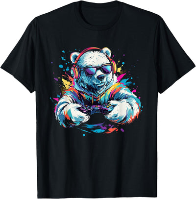 Gaming Polar Bear Colorful Headset Art Gamer Polar Bear T-Shirt