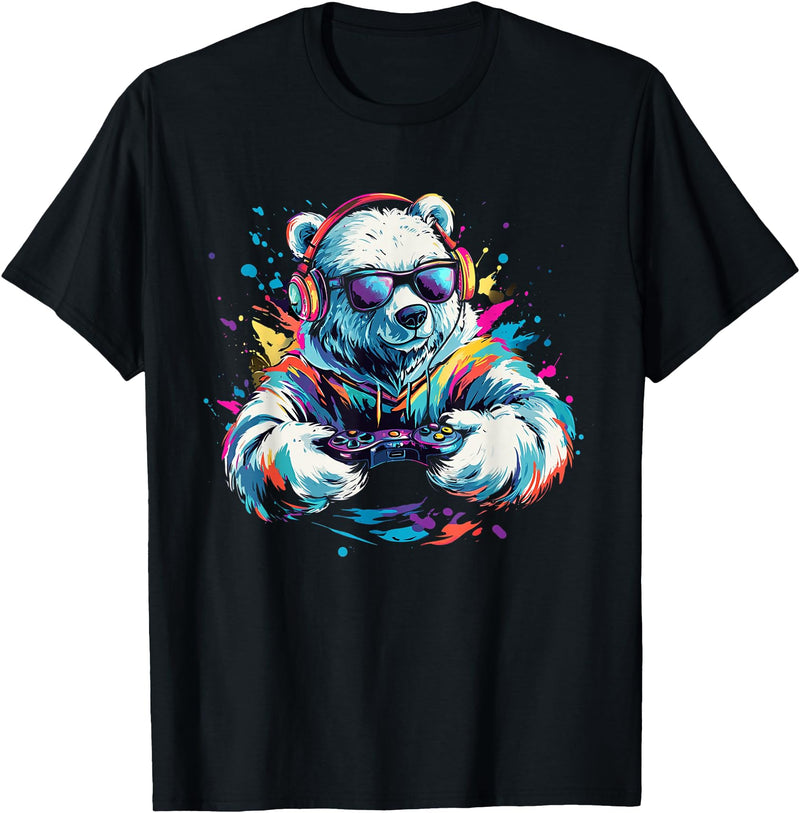 Colorful artistic polar bear gamer animal motifs Gaming Polar Bear Colorful Headset Art Gamer Polar Bear T-Shirt - Black