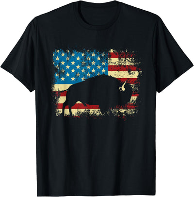 Cow Patriotic American Bison Buffalo Lover Wildlife Usa Flag T-Shirt