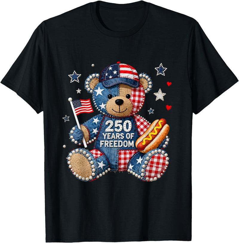 Patriotic Bear USA Vintage Co 250 Years of Freedom Patriotic Bear USA Retro T-Shirt - Black