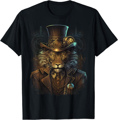 Lion Lover Steampunk Lion Women's Casual T-Shirt - Black, Small, Short Sleeve, Regular Fit, Unisex-Kids