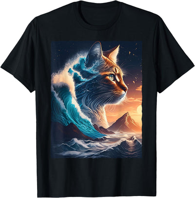 Surreal Ocean Wave Cat Sunset Mountain Fantasy Art Surreal Ocean Wave Cat Aesthetic Sunset Mountain Fantasy Art T-Shirt