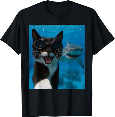 Selfie Tuxedo Cat and Shark Summer Scuba Diving Funny Tuxedo Cat Selfie with Shark Ocean Lovers T-Shirt