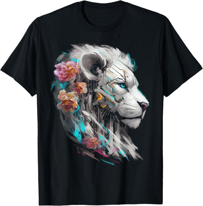 White Lion Fantasy Flowers Art - Blue Eyes Animal Lion T-Shirt