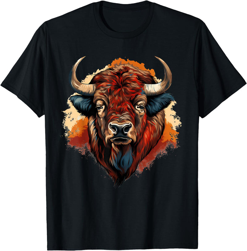 Safari Animal Art Buffalo Portrait Bison Drawing Splash Artwork Animal Print T-Shirt - Black