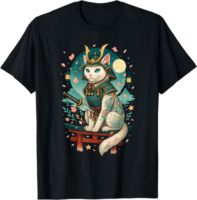 Samurai Japanese Culture Cat lover Apparel Co. Japanese Cat Cherry Blossom Samurai Moonlight T-Shirt