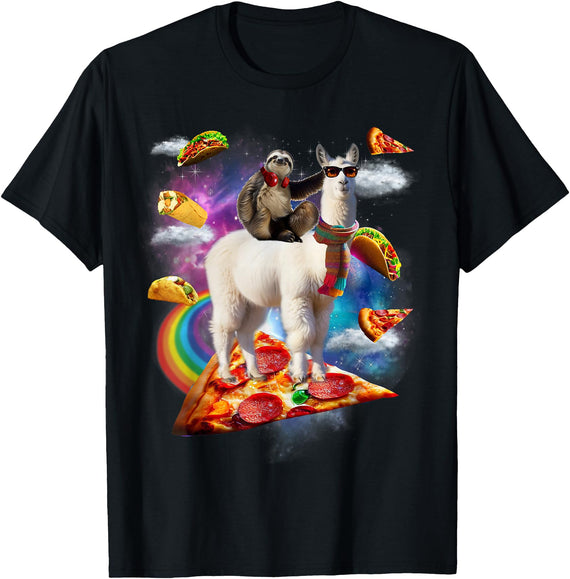 Funny Rainbow Sloth Llama in space Co. Sloth Llama Galaxy Pizza Taco Burrito Rainbow Funny Surreal T-Shirt - Black