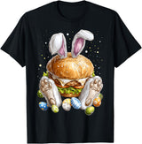 Burger Hamburger Easter Rabbit Eggs Bunny Ears T-Shirt in Black