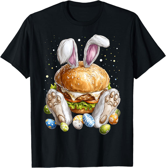 Burger Hamburger Easter Rabbit Eggs Bunny Ears T-Shirt in Black