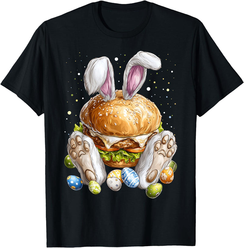 Burger Hamburger Easter Rabbit Eggs Bunny Ears T-Shirt in Black
