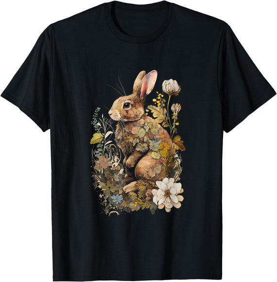 Cottagecore Floral Rabbit Cute Woodland Aesthetic T-Shirt in Black