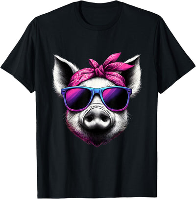 Pig Wearing Pink Bandana Headband and Sunglasses T-Shirt
