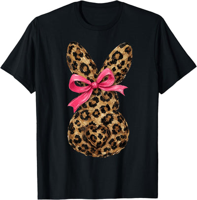 Leopard Print Bunny Silhouette with Pink Bow T-Shirt