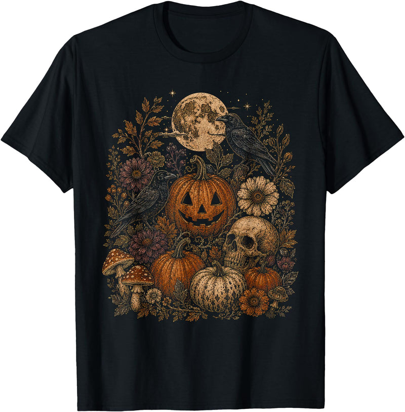 Threadrock Vintage Halloween Harvest Retro Gothic Botanical T-Shirt - Black